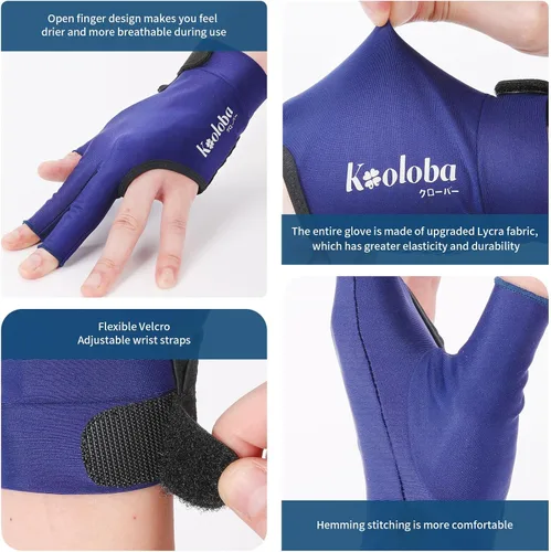 Miniatura 4 de Guante de piscina para mano izquierda, guante de billar de 3 dedos y billar para hombres y mujeres con velcro ajustable Azul