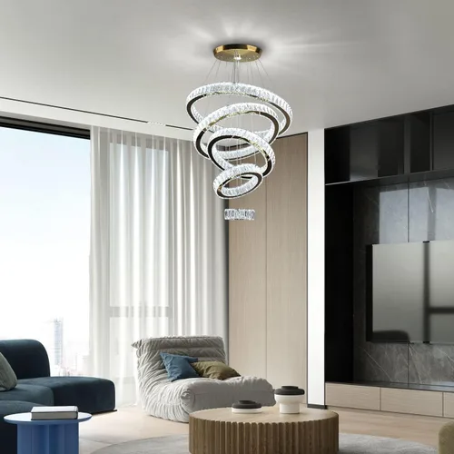 Miniatura 9 de Lámpara candelabro LED de cristal grande, moderna de 5 anillos, luz colgante ajustable para dormitorio, comedor, cocina (blanco cálido).