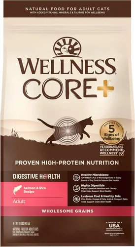Miniatura 13 de Wellness CORE+ - Alimento seco para gatos adultos para interiores y exteriores, granos integrales, natural, salud digestiva con pollo y arroz