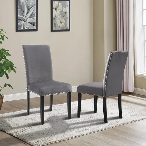 Cobre - Silla de comedor contemporánea de terciopelo con ribete de clavos, juego de 2, color gris