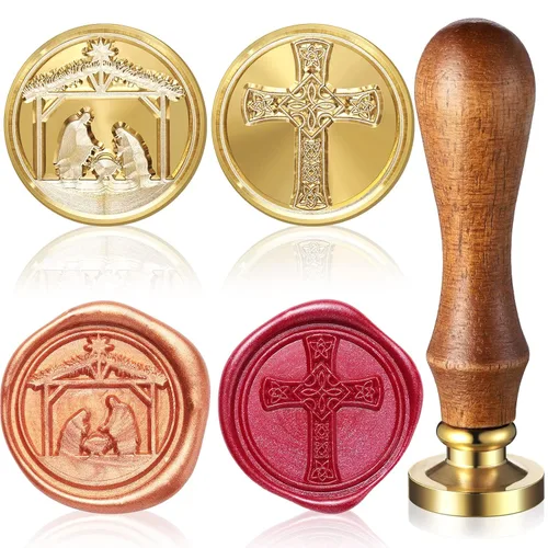 Yexiya Juego de 2 sellos de cera de Pascua con diseño de cruz cristiana, sello de sellado con mango de madera para manualidades, Pascua, artes,