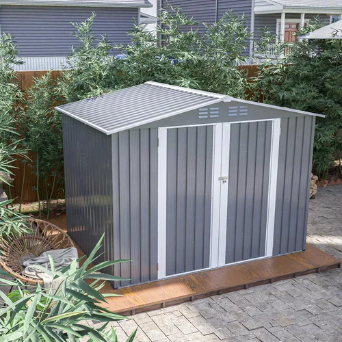 Miniatura 15 de Cobertizo pequeño de almacenamiento de metal de 5 x 3 pies para exteriores, cobertizo de jardín gris oscuro con techo inclinado y puertas dobles