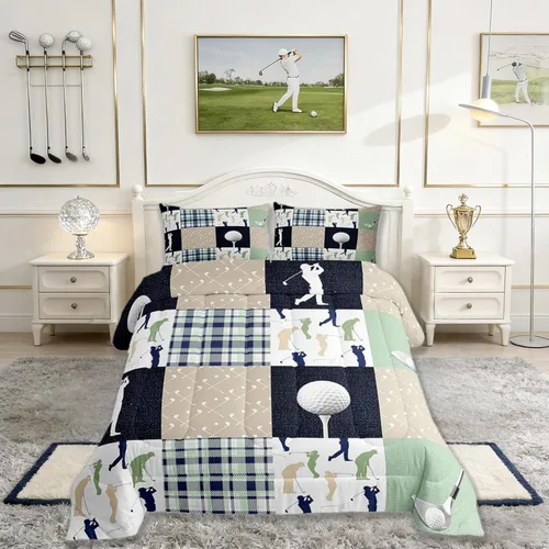 Miniatura 2 de Castle Fairy Juego de edredón de tamaño matrimonial a cuadros de golf, estilo amante de los deportes de pelota, ropa de cama de colección