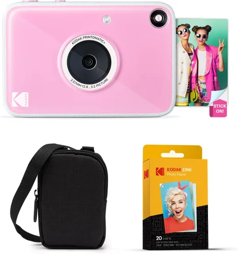 KODAK Printomatic+ - Paquete de inicio de cámara digital de impresión instantánea + Estuche de transporte + Papel fotográfico adhesivo Zink de 20