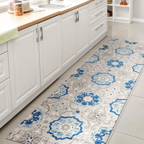 JONATHAN Y Mediterranean Medallion - Alfombra de pasillo para interiores y exteriores, 2 x 8 pies, color azul/gris, bohemio, para patio trasero,