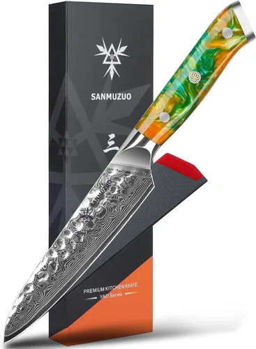 Miniatura 13 de Cuchillo Santoku de 7" - Cuchillo de chef japonés - Acero de Damasco martillado y mango de resina - Serie YAO