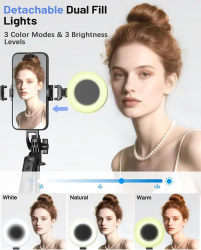 Miniatura 3 de Kit de vlogging para iPhone/Android, trípode para selfie stick de 180 cm para iPhone con luz de relleno, micrófono inalámbrico y control remoto