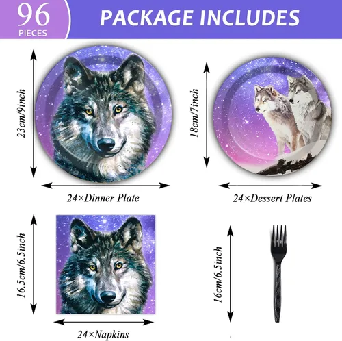 Miniatura 2 de 96 piezas de suministros de fiesta de lobo, platos, servilletas, juego de vajilla, suministros de cumpleaños de animales de lobo, vajilla
