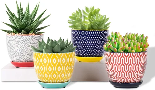 Miniatura 20 de Selamica Macetas de cerámica para suculentas de 2.4 pulgadas, mini macetas para plantas de cactus con agujeros de drenaje y platillos, decoración