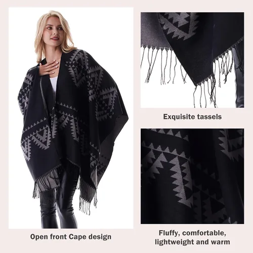 Miniatura 5 de Cárdigan cálido de invierno para mujer, diseño de chal a cuadros, capa frontal abierta