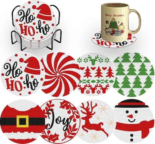 Denylo pro 8 Piezas Kits de Posavasos de Arte de Diamantes de Navidad con Soporte DIY Posavasos de Arte de Diamantes de Navidad para Adultos