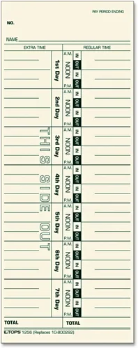 TOPS Tarjetas de tiempo, semanales, 1 cara, días numerados, 3-1/2 x 9 pulgadas, Manila, impresión verde, 500 unidades (1256)