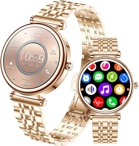 Reloj para mujer, pantalla AMOLED HD de 1.25 pulgadas, reloj inteligente para mujer, rastreador de actividad física con monitor de frecuencia Dorado