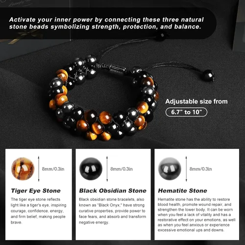 Miniatura 4 de Pulsera de triple protección hecha a mano para hombres y mujeres, ojo de tigre, obsidiana negra, hematita, cuentas de cristal curativo, joyería trae