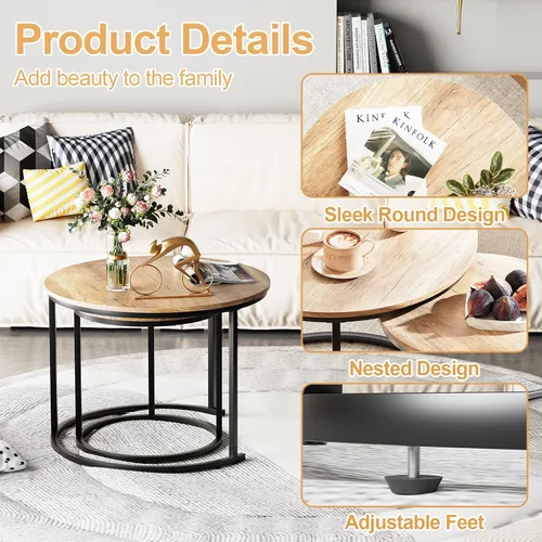 Miniatura 4 de Garden 4 you Mesa de Centro Anidable, Juego de Mesa de Centro Redonda de 23.6", Juego de 2 Mesas Anidables de Madera con Marco de Metal, Mesas