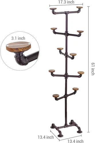 Miniatura 5 de MyGift Estante industrial de metal marrón oscuro con 10 perchas redondas de madera quemada rústica para sombreros, soporte decorativo con ganchos