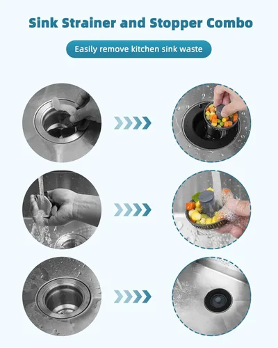 Miniatura 3 de Combo Universal 3 en 1 de Colador y Tapón de Drenaje para Fregadero de Cocina, Carcasa de Acero Inoxidable Negro con Tapón Emergente para Filtro