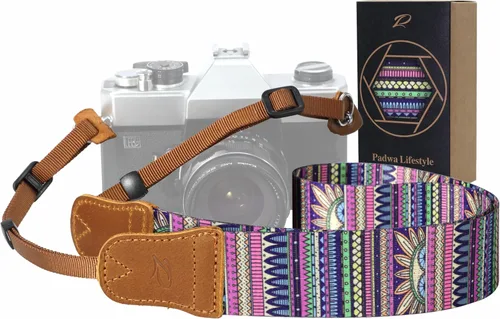 Miniatura 26 de Padwa Lifestyle Correa de cámara con rayas - 1.5" Correa suave de cuerda trenzada de algodón con cabezal de cuero vacuno Crazy Horse para el hombro