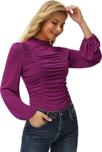 Miniatura 3 de Blusa entallada GRACE KARIN para mujer, diseño de manga acampanada, con cuello alto y frente fruncido.