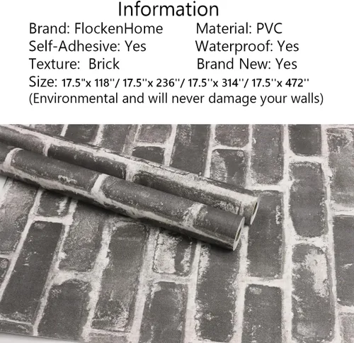 Miniatura 2 de Rollo de papel tapiz plano de piedra de ladrillo sintético de 17.5 x 472 pulgadas, para decoración de pared, para pegar en puertas, encimeras, Gris