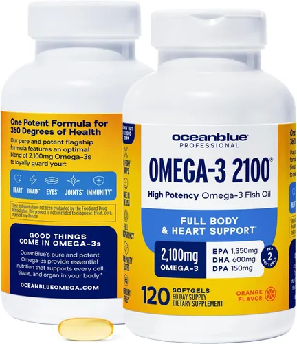 Oceanblue Suplemento profesional de aceite de pescado Omega 3 de 2100 mg | Triple Strength Omega 3 | Burpless | EPA DHA de alta potencia | capturado