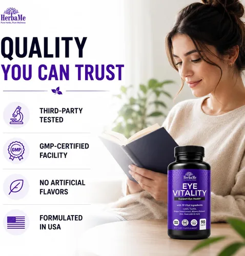 Miniatura 8 de HerbaMe Suplemento de vitaminas para los ojos con luteína, arándano, betacaroteno, L-taurina, zinc y quercetina, 90 cápsulas, apoya la visión