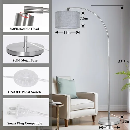 Miniatura 3 de Lámpara de pie de arco plateada para sala de estar, lámpara de pie moderna con cabeza ajustable, lámpara de poste alto con interruptor de pedal