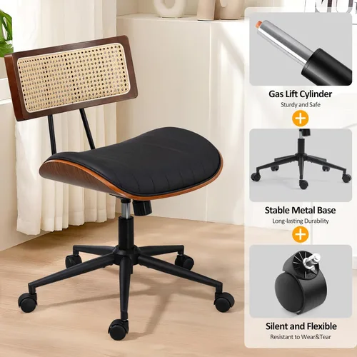Miniatura 3 de Silla de oficina para el hogar Newnno con ruedas, silla de escritorio de altura ajustable con respaldo de ratán, silla de ordenador giratoria