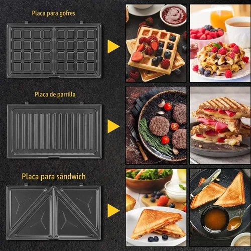 Miniatura 3 de OSTBA Sandwichera 3 en 1 con platos extraíbles, prensa Panini, waflera, antiadherente, parrilla de desayuno compacta de 750 W para sándwiches