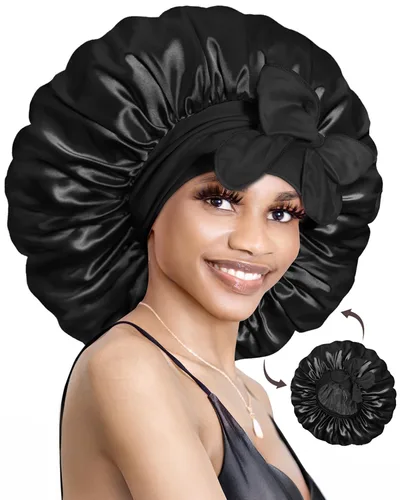 Miniatura 20 de BONNET QUEEN Gorro de seda para dormir, gorro de satén con lazo para el cabello, doble capa, para mujeres, cabello rizado, color marrón