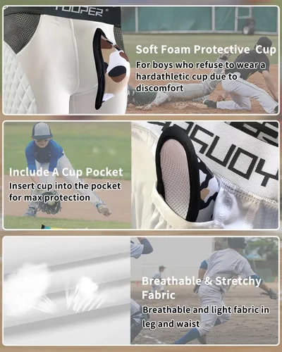 Miniatura 3 de Youper Youth Elite - Pantalones cortos acolchados deslizantes de béisbol con copa atlética suave Blanco