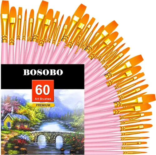 Miniatura 25 de BOSOBO Juego de 6 pinceles de pintura, 60 pinceles de punta redonda puntiaguda, pinceles de nailon para artistas del cabello acrílicos para aceite