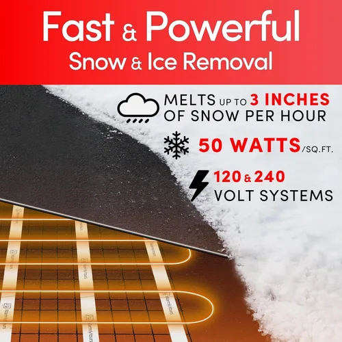 Miniatura 2 de WarmlyYours Alfombrilla eléctrica para derretir hielo y nieve de 2 x 50 pies. 240 V, entrada con calefacción radiante para exteriores, pasarelas