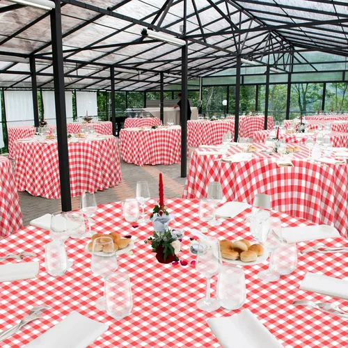 Miniatura 7 de Paquete de 12 manteles redondos de plástico rojo y blanco a cuadros desechables de alta calidad para fiestas, manteles redondos de fiesta
