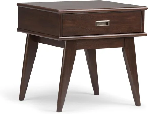 SIMPLIHOME Draper - Mesa auxiliar rectangular de madera maciza de 22 pulgadas de ancho con cajón de almacenamiento en marrón caoba medio, mesita de