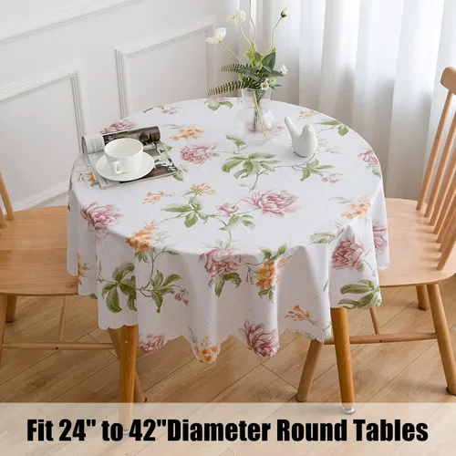 Miniatura 5 de LIBERECOO Juego de manteles de vinilo floral de alta calidad, mantel de PVC impermeable a prueba de aceite para mesas redondas, uso de alta