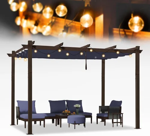 Miniatura 21 de PURPLE LEAF Pérgola Retráctil de 10' x 13' para Exteriores de Aluminio Blanco con Toldo de Sombra para Patio Refugio Moderno Marrón para Jardín