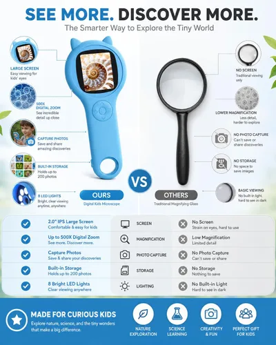 Miniatura 2 de Microscopio de exploración al aire libre para niños, microscopio digital portátil 500X con pantalla IPS de 2 pulgadas, juguete STEM de viaje de Azul