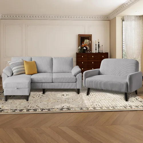 Miniatura 17 de Juego de sofá seccional de corduroy con otomano de almacenamiento y sofá cama, sofá en forma de L de 3 plazas con otomano de almacenamiento oculto