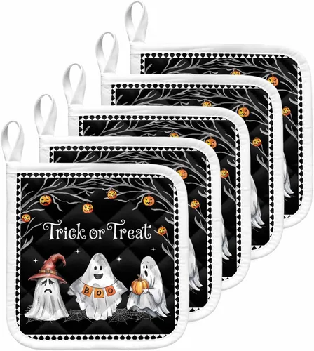 Miniatura 17 de Juego de 2 soportes para ollas de Halloween para cocina, platos de sartén para horno, tapete a prueba de calor con lazo para colgar, agarraderas
