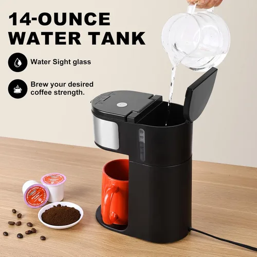 Miniatura 6 de Ranbomer K Cup Coffee Maker, Single Serve coffee machine or Ground Coffee Machine 2 in 1, 6 to 14 Oz Brew Sizes, Mini One Cup Coffee Maker with Self