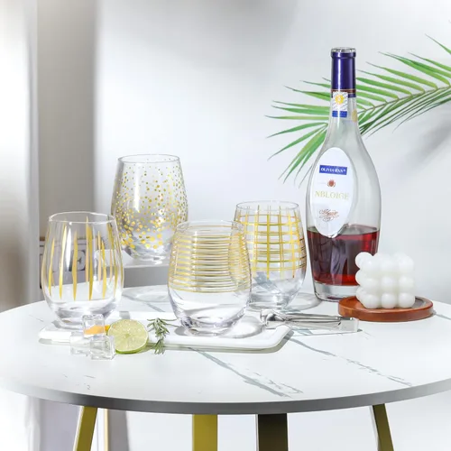 Miniatura 2 de Joeyan Copas de Vino Sopladas a Mano sin Tallo con Puntos Dorados, Espumas, Rejillas y Rayas para Vino Tinto y Blanco, Grandes Tazas de Bebida