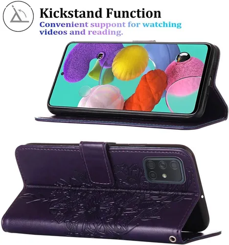 Miniatura 4 de Funda para Samsung Galaxy A51 con estampado floral en relieve, correa de muñeca, ranuras para tarjetero, funda protectora de cuero con soporte
