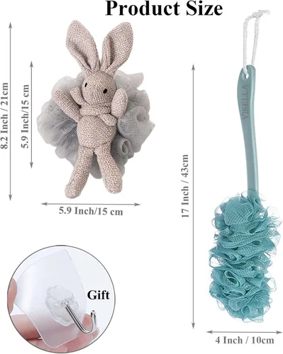 Miniatura 2 de Cepillo de baño de mango largo para ducha + esponja de baño gris Luffa