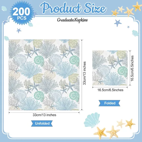 Miniatura 2 de Funrous 200 servilletas de papel costeras de 3 capas de servilletas de playa oceánica, conchas marinas, coral, toallas de papel náuticas