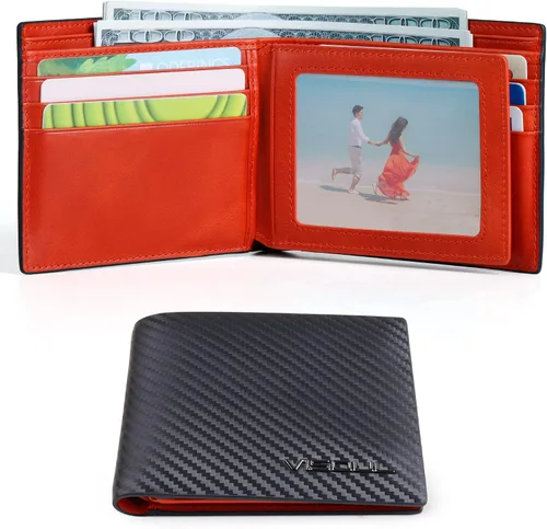 Miniatura 3 de VISOUL Billetera de cuero de fibra de carbono con bloqueo RFID para hombre con 2 ventanas de identificación cartera de cuero para hombre Negro