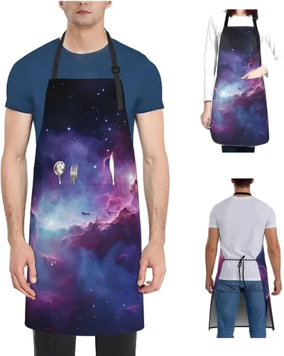 Miniatura 9 de Delantales de galaxia púrpura y azul para mujer con 2 bolsillos, delantal de cocina para hombres, resistente al agua y al aceite, delantal ajustable