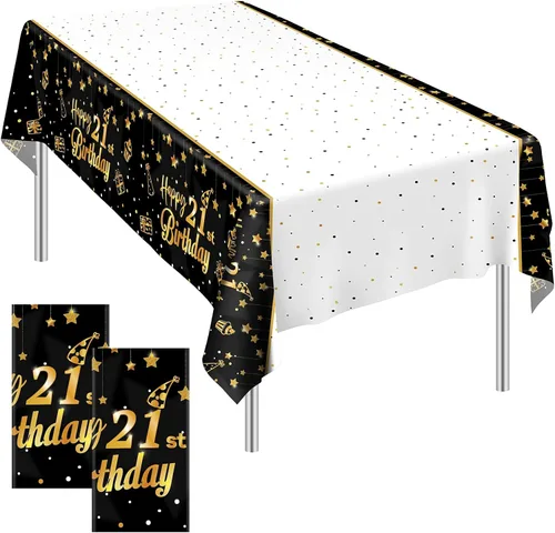 Ruisita Paquete de 2 manteles rectangulares de color negro y dorado para fiestas de cumpleaños 21, manteles de fiesta de cumpleaños en interiores o