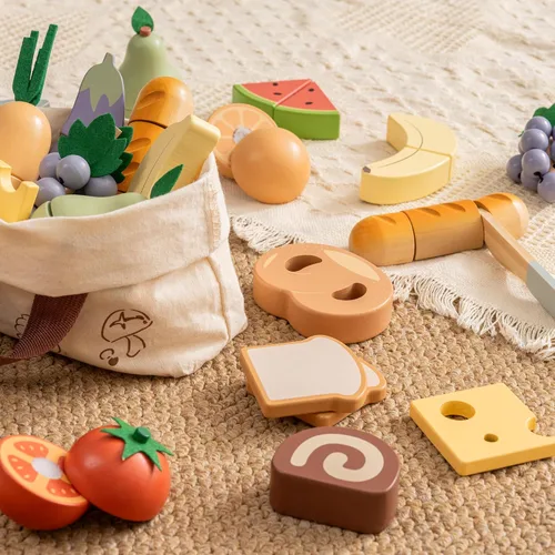 Miniatura 2 de ROBOTIME Juego de comida de madera 4 en 1, juego de juguete de simulación para jugar cocina con bolsa de compras, accesorios de cocina para niños