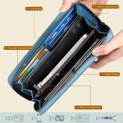 Miniatura 23 de VISOUL Cartera larga de cuero con cremallera para hombres y mujeres con bloqueo RFID, cartera larga de embrague grande con cremallera, Negro